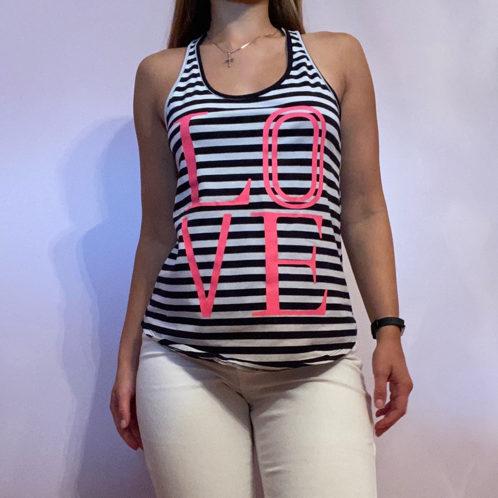 Material girl Striped Black and White Tank Top with Pink 'LOVE' Print